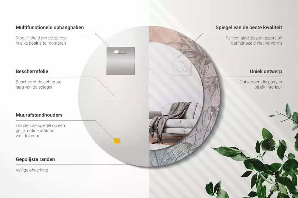 Miroir rond cadre avec impression Fleurs tropicales