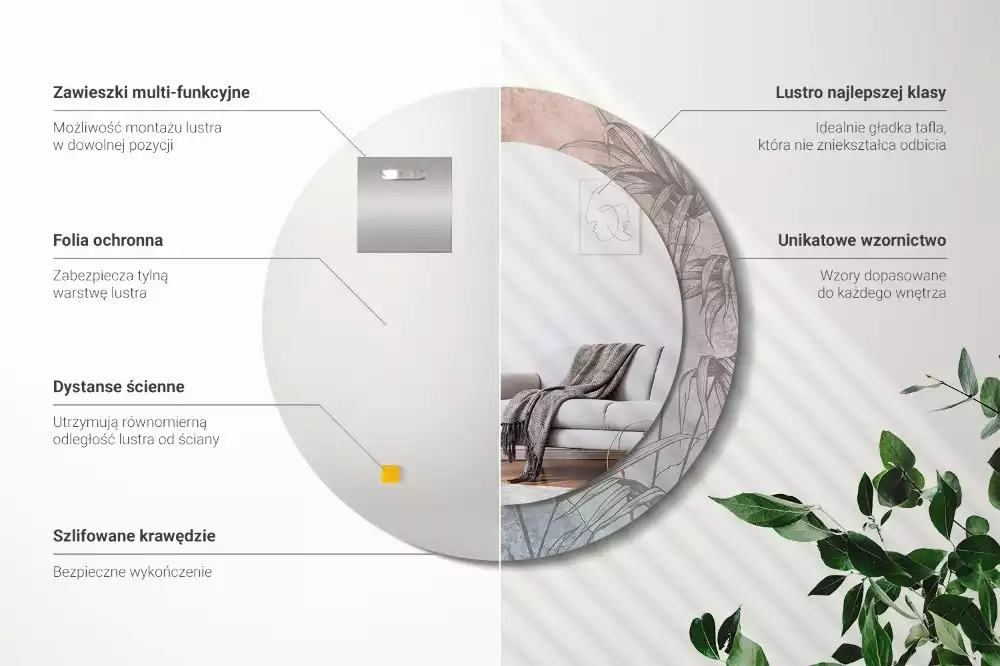 Miroir rond cadre avec impression Fleurs tropicales