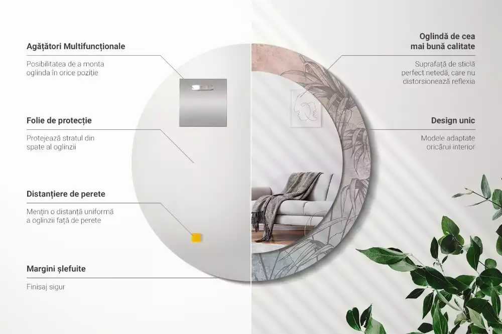 Miroir rond cadre avec impression Fleurs tropicales