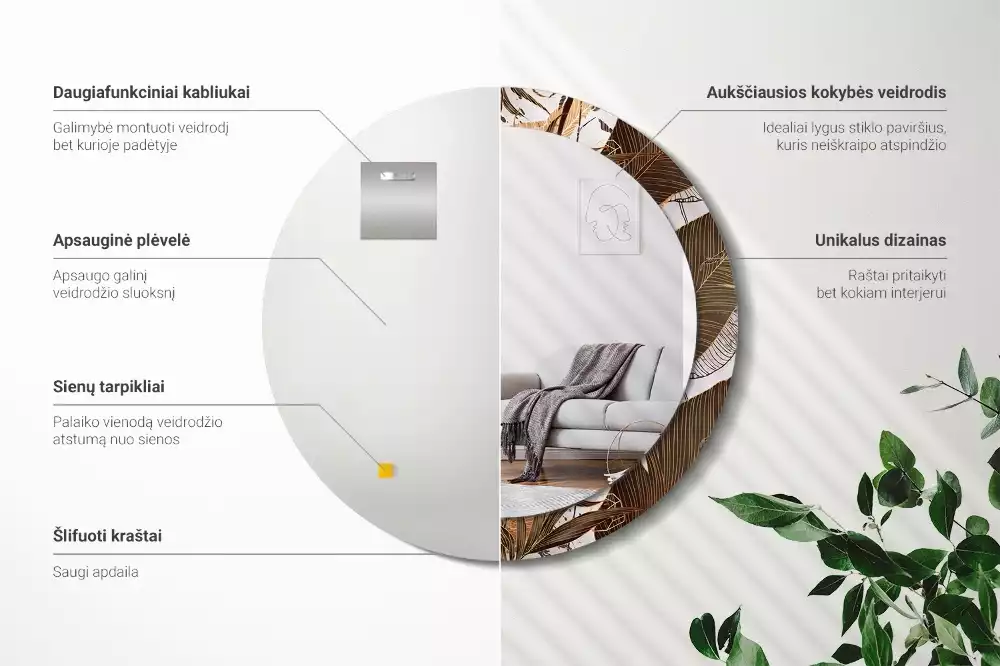 Miroir rond imprimé Feuilles de palmier