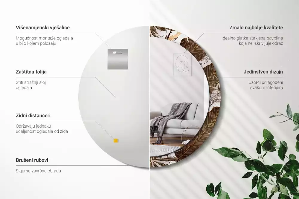 Miroir rond imprimé Feuilles de palmier