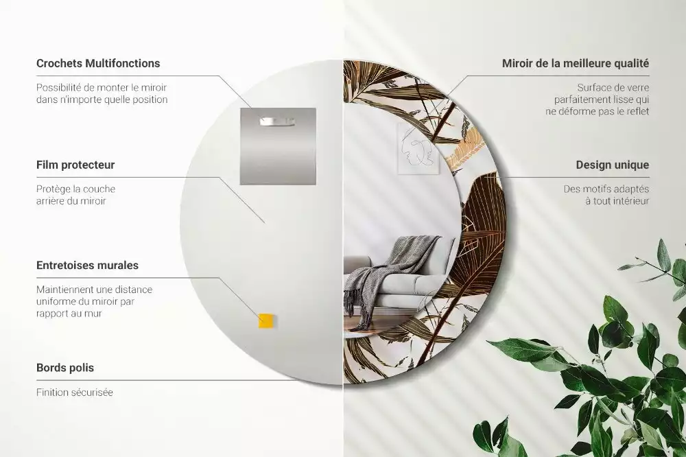 Miroir rond imprimé Feuilles de palmier