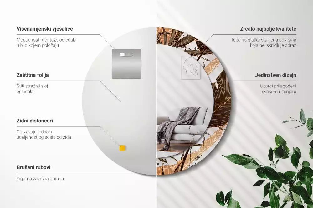 Miroir rond imprimé Feuilles de palmier