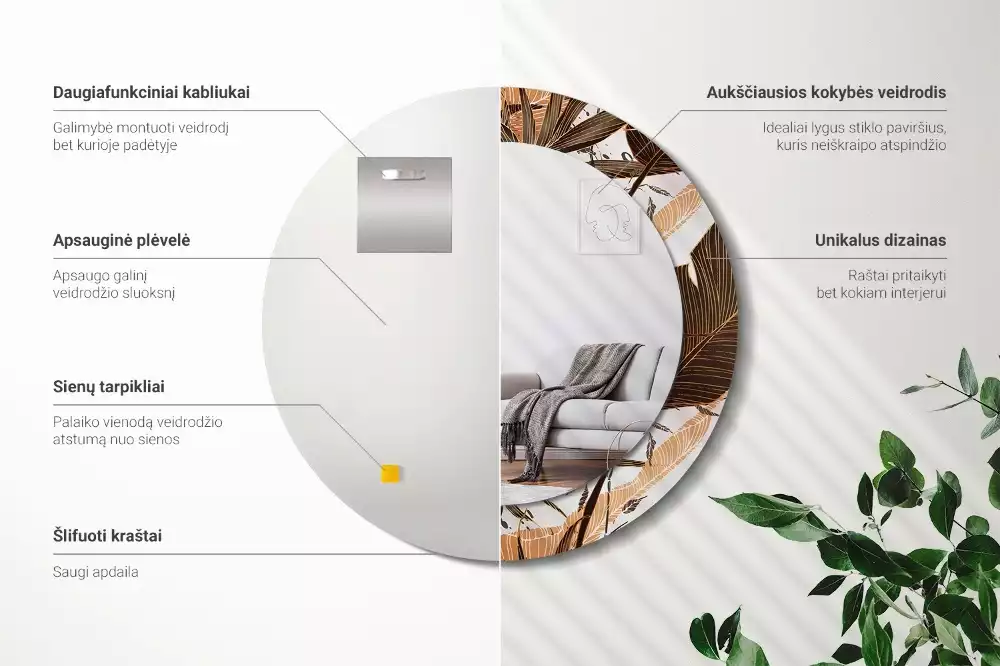 Miroir rond imprimé Feuilles de palmier