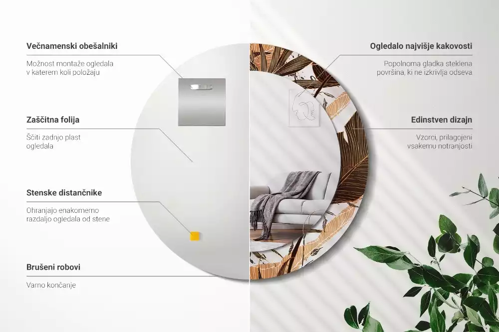 Miroir rond imprimé Feuilles de palmier