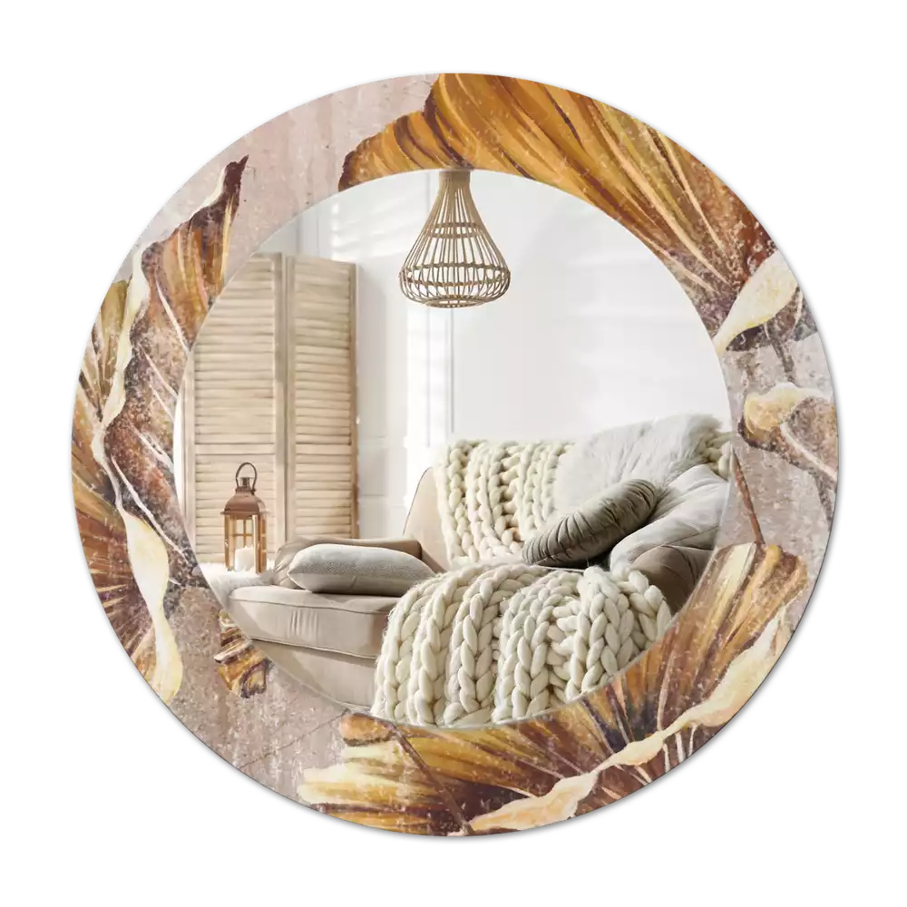 Miroir rond cadre avec impression Feuilles boho