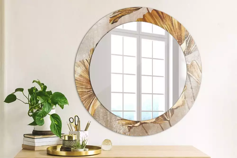 Miroir rond cadre avec impression Feuilles boho