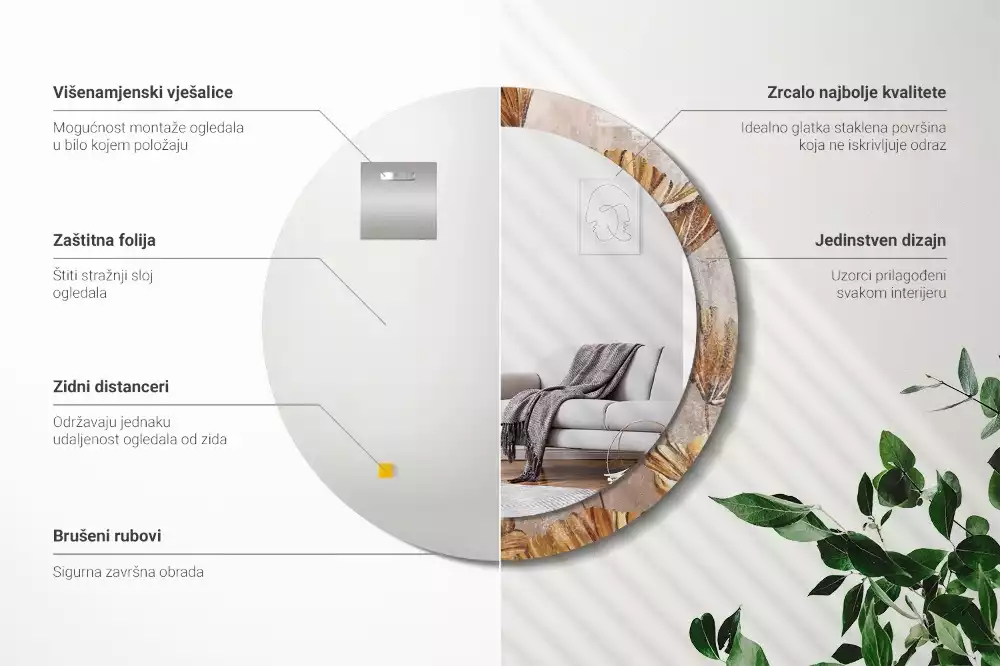 Miroir rond cadre avec impression Feuilles boho