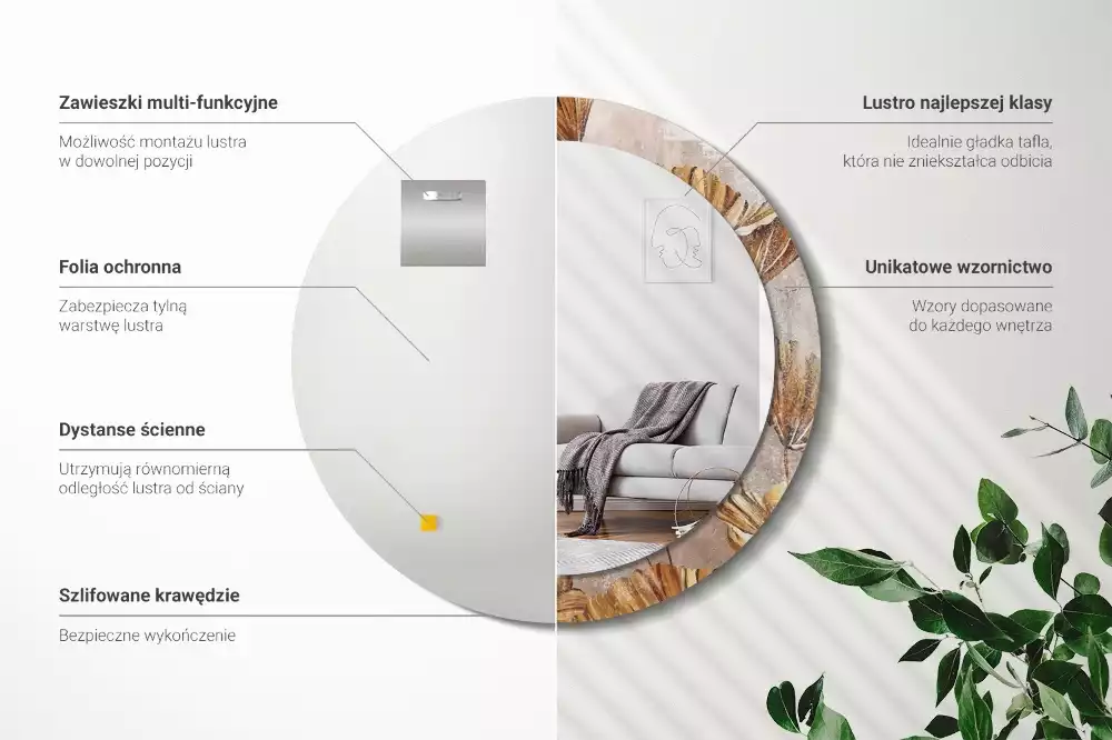 Miroir rond cadre avec impression Feuilles boho