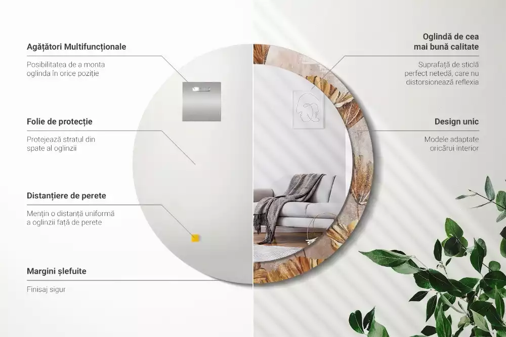 Miroir rond cadre avec impression Feuilles boho