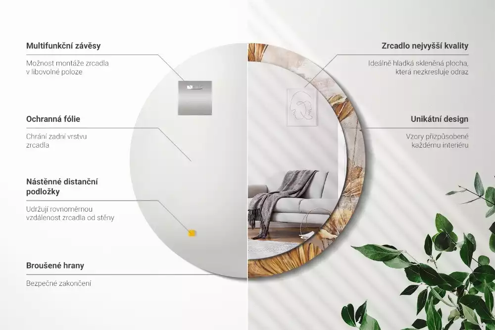 Miroir rond cadre avec impression Feuilles boho