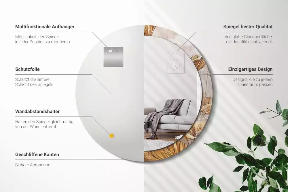 Miroir rond cadre avec impression Feuilles boho