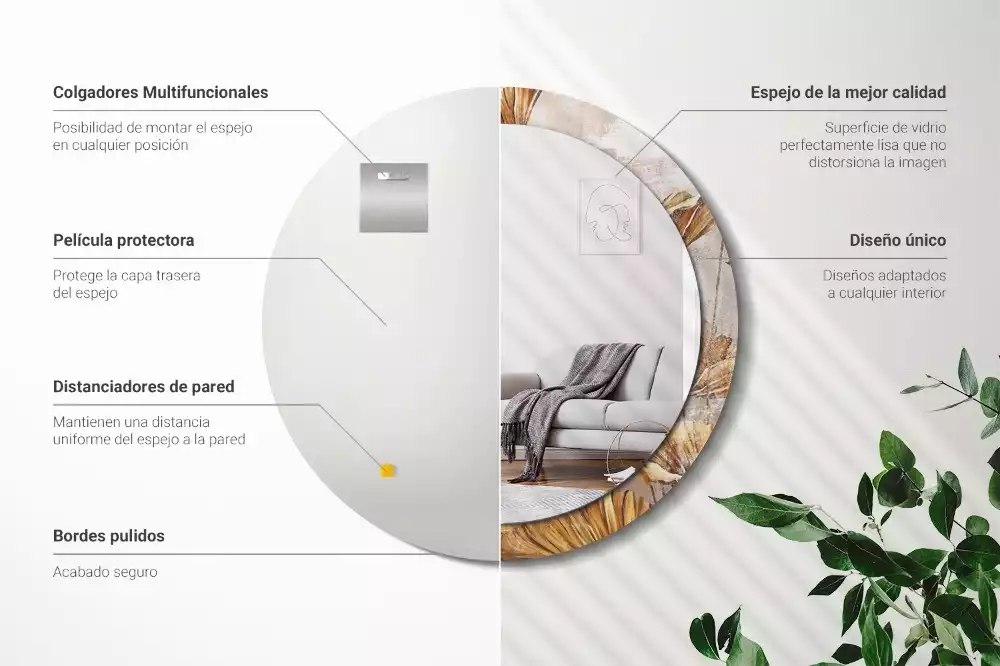 Miroir rond cadre avec impression Feuilles boho