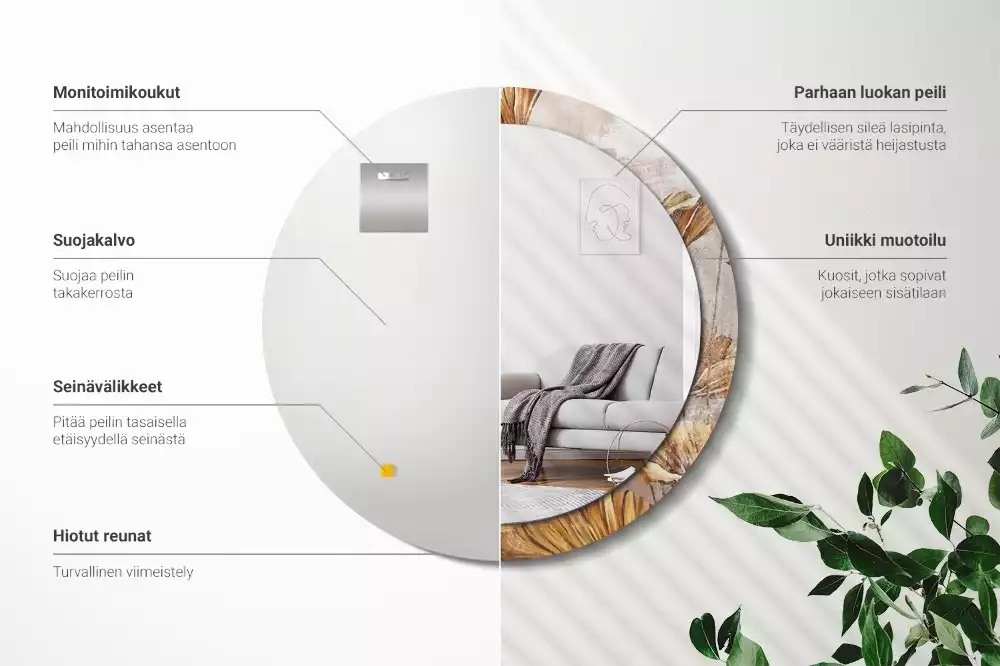 Miroir rond cadre avec impression Feuilles boho