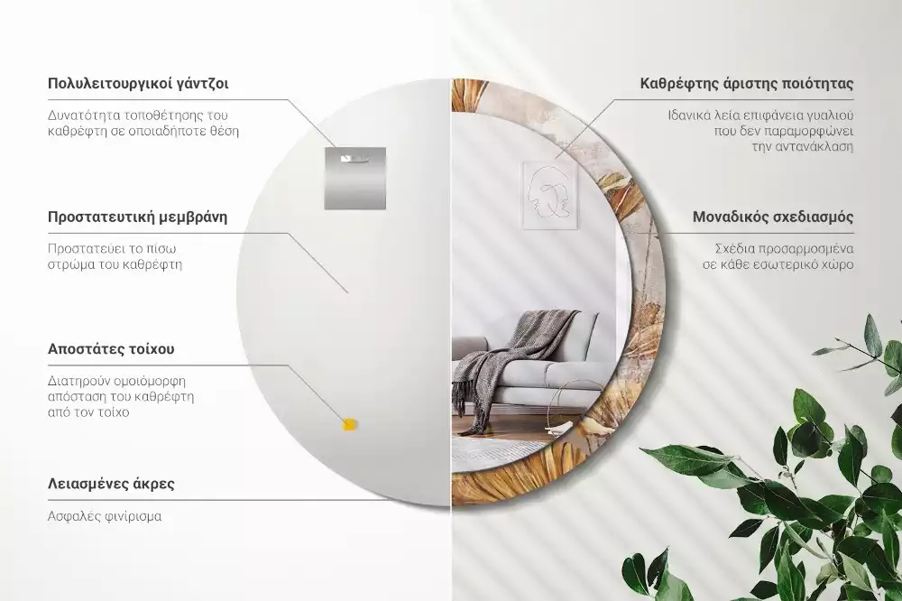Miroir rond cadre avec impression Feuilles boho