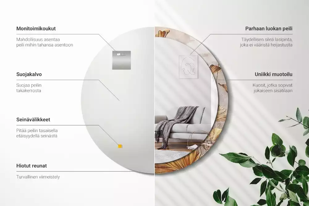 Miroir rond cadre avec impression Feuilles boho