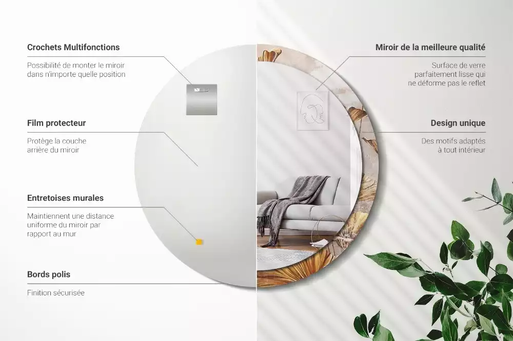 Miroir rond cadre avec impression Feuilles boho