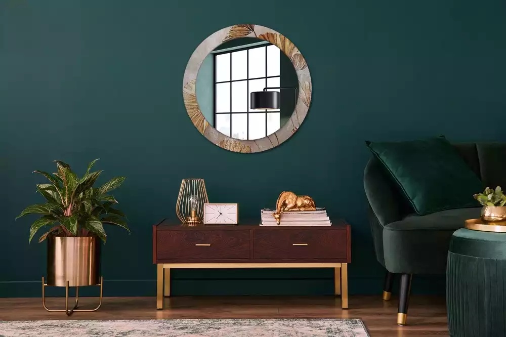 Miroir rond cadre avec impression Feuilles boho
