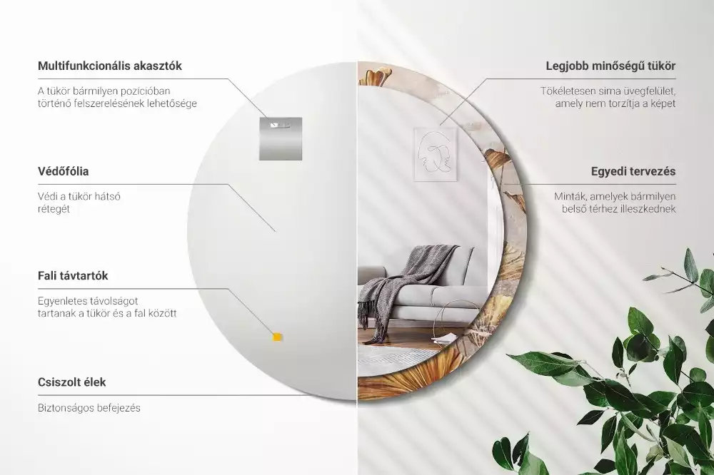 Miroir rond cadre avec impression Feuilles boho