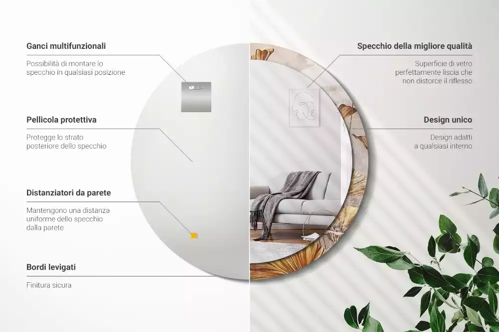 Miroir rond cadre avec impression Feuilles boho