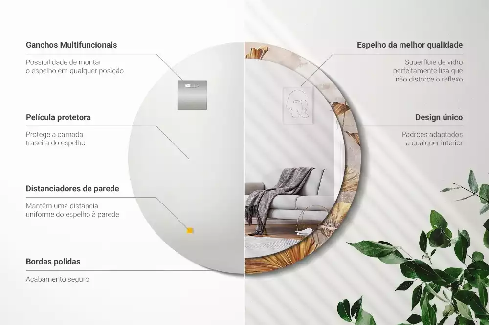 Miroir rond cadre avec impression Feuilles boho