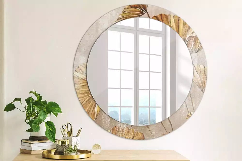 Miroir rond cadre avec impression Feuilles boho