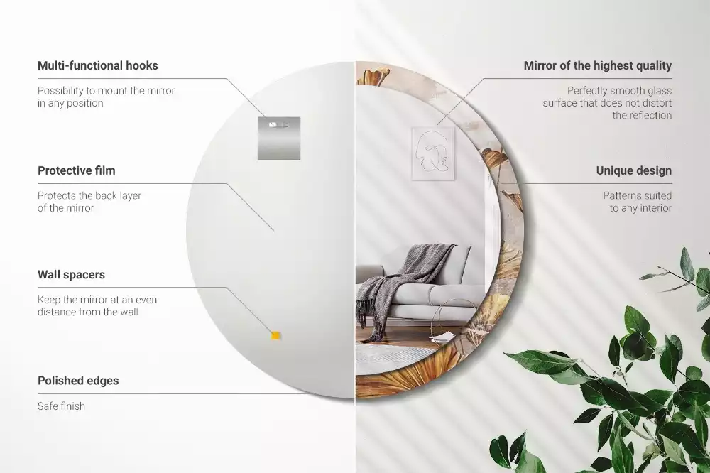 Miroir rond cadre avec impression Feuilles boho