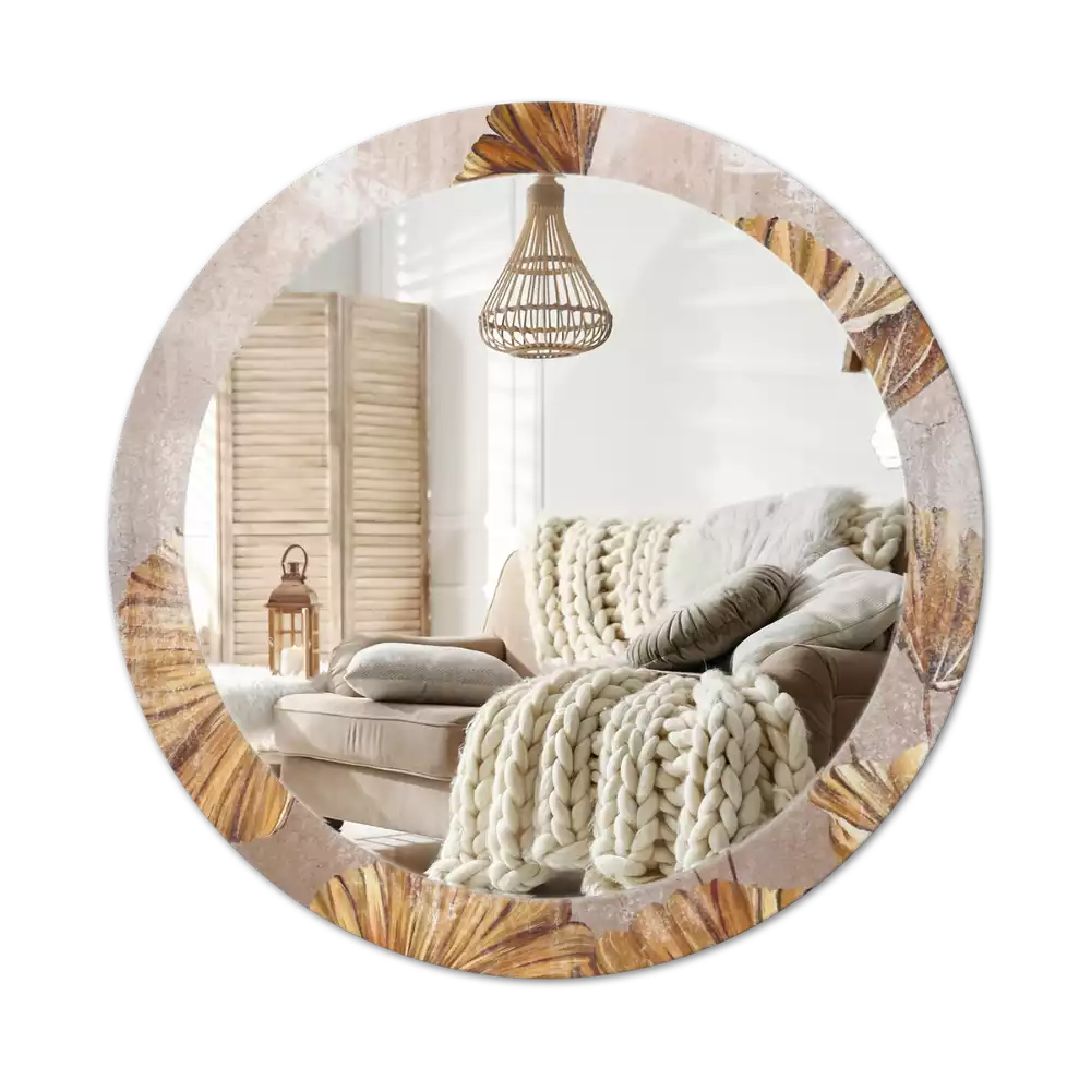 Miroir rond cadre avec impression Feuilles boho