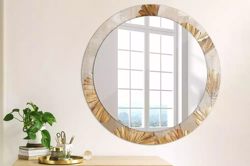 Miroir rond cadre avec impression Feuilles boho