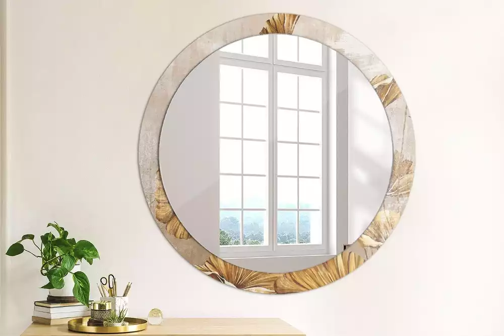 Miroir rond cadre avec impression Feuilles boho