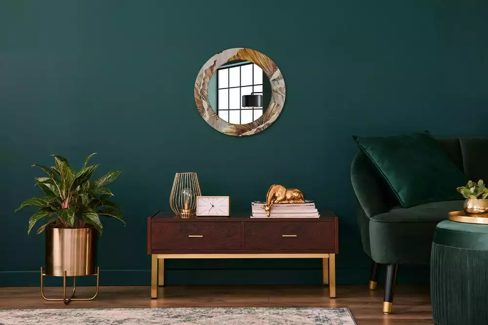 Miroir rond cadre avec impression Feuilles boho