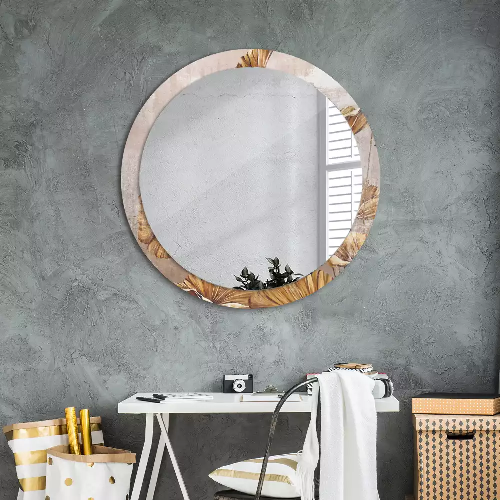 Miroir rond cadre avec impression Feuilles boho
