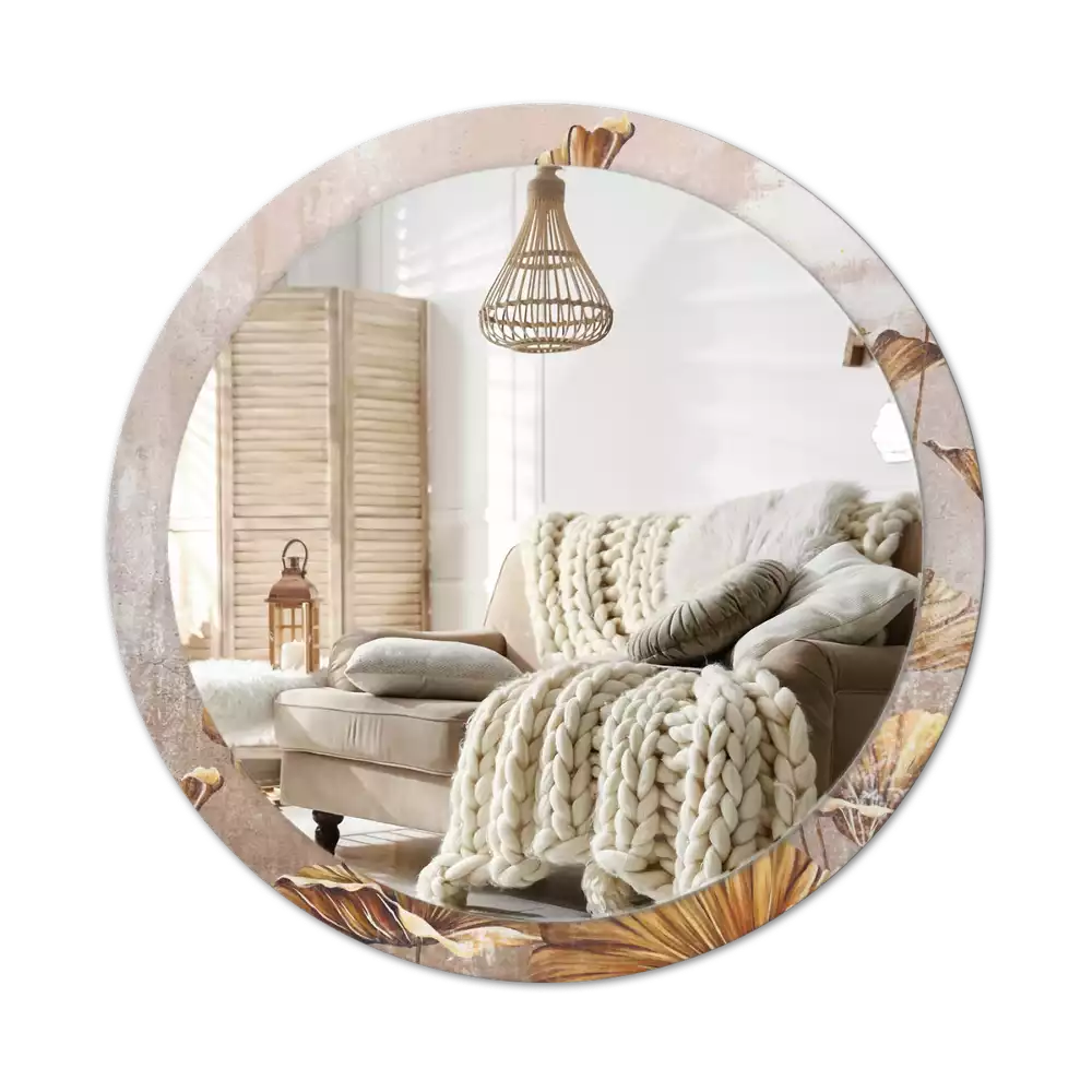 Miroir rond cadre avec impression Feuilles boho