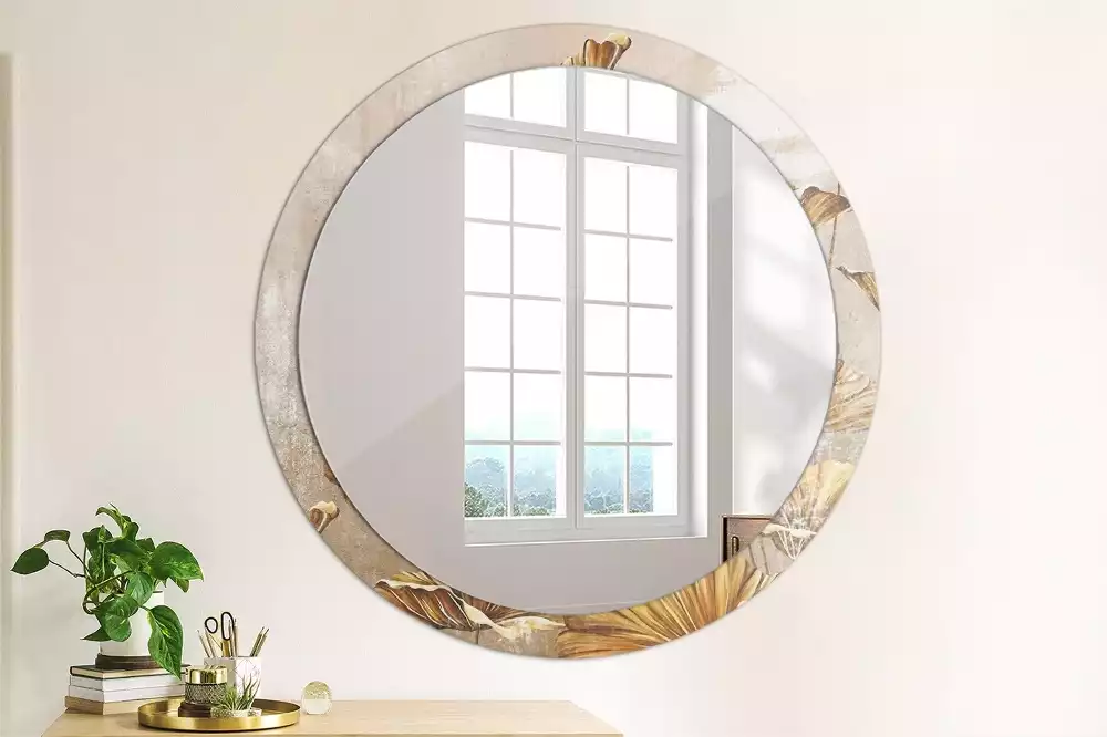 Miroir rond cadre avec impression Feuilles boho