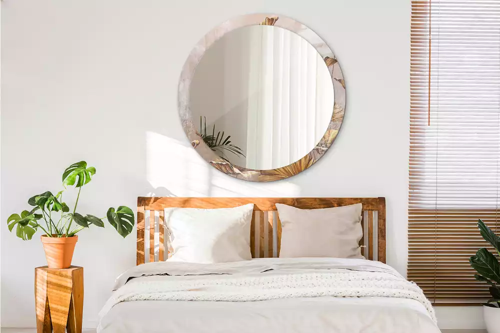 Miroir rond cadre avec impression Feuilles boho