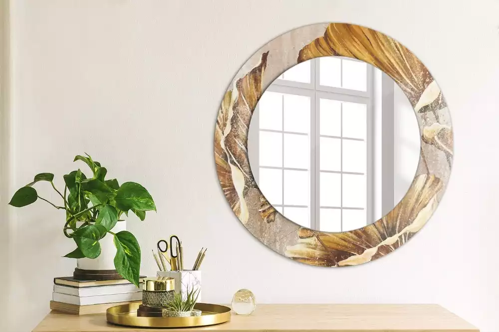 Miroir rond cadre avec impression Feuilles boho