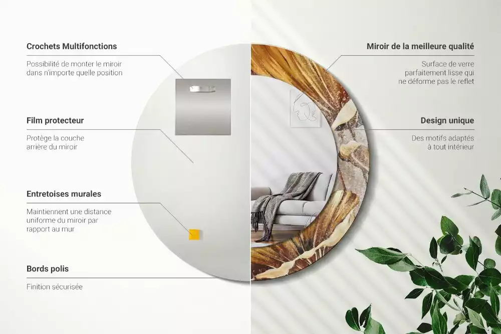Miroir rond cadre avec impression Feuilles boho