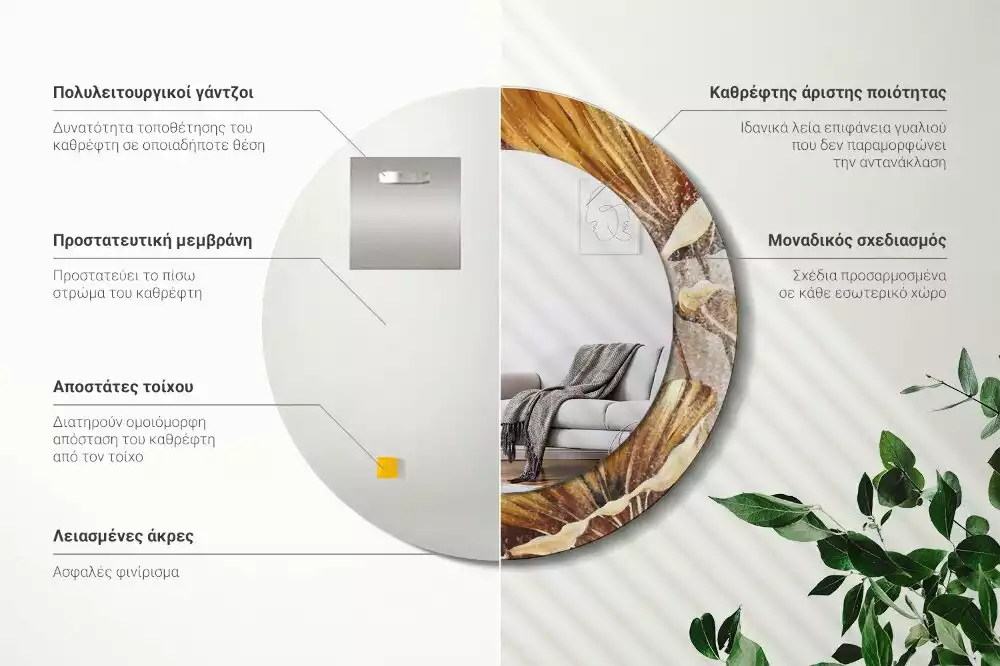 Miroir rond cadre avec impression Feuilles boho