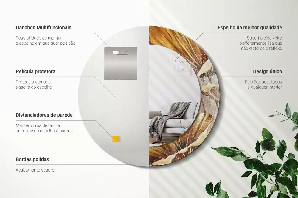 Miroir rond cadre avec impression Feuilles boho