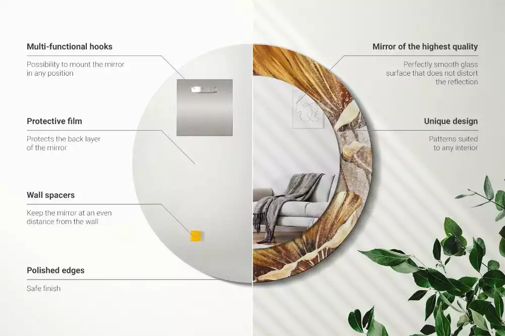 Miroir rond cadre avec impression Feuilles boho