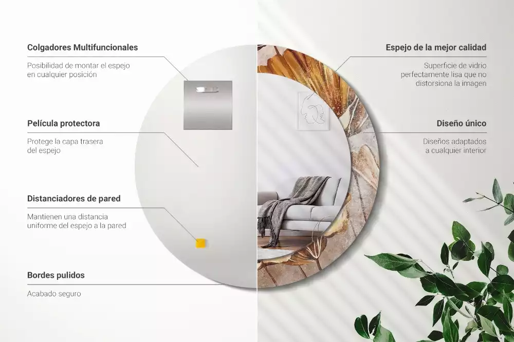 Miroir rond cadre avec impression Feuilles boho