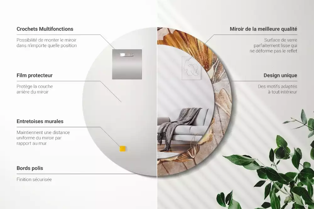 Miroir rond cadre avec impression Feuilles boho