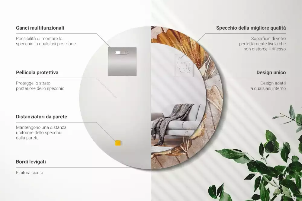 Miroir rond cadre avec impression Feuilles boho