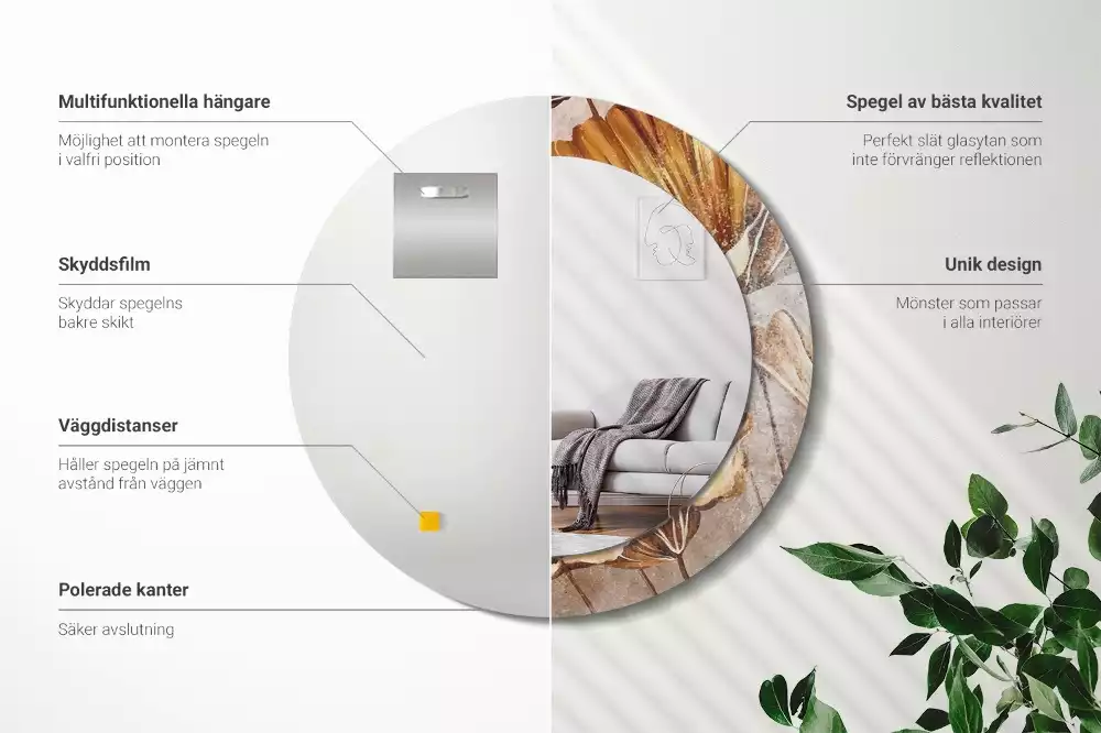 Miroir rond cadre avec impression Feuilles boho