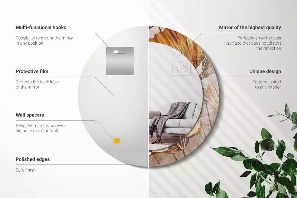 Miroir rond cadre avec impression Feuilles boho