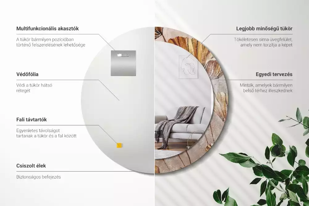 Miroir rond cadre avec impression Feuilles boho