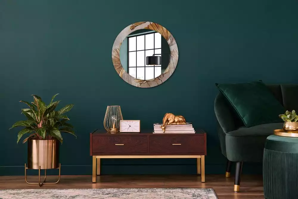 Miroir rond cadre avec impression Feuilles boho