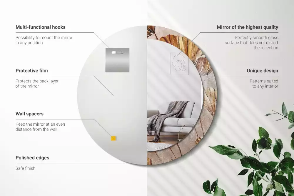 Miroir rond cadre avec impression Feuilles boho