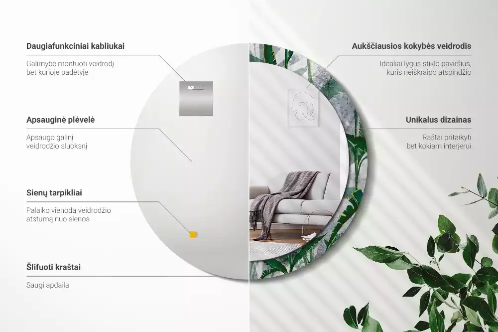 Miroir rond imprimé Feuilles tropicales