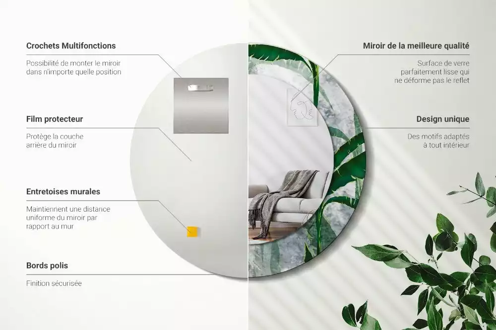 Miroir rond imprimé Feuilles tropicales